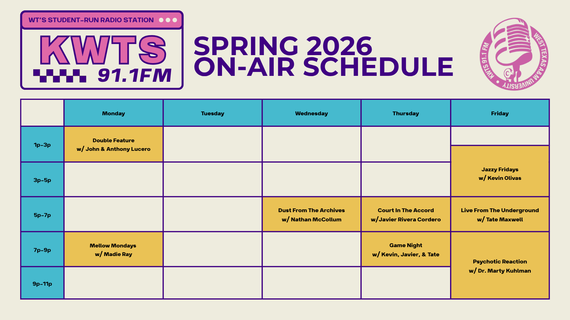 KWTS Special Show Schedule
